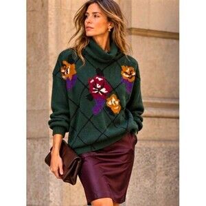 Vintage The Villager Floral Argyle Cowl Neck Ramie Sweater Made Korea S